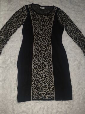Calvin Klein Black and Gold Leopard-Panel Long Sleeve Dress